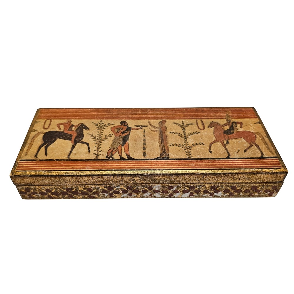 Vintage Gilded Florentine Wood Box Greco Roman Equestrian Scene Gold Leaf 14in